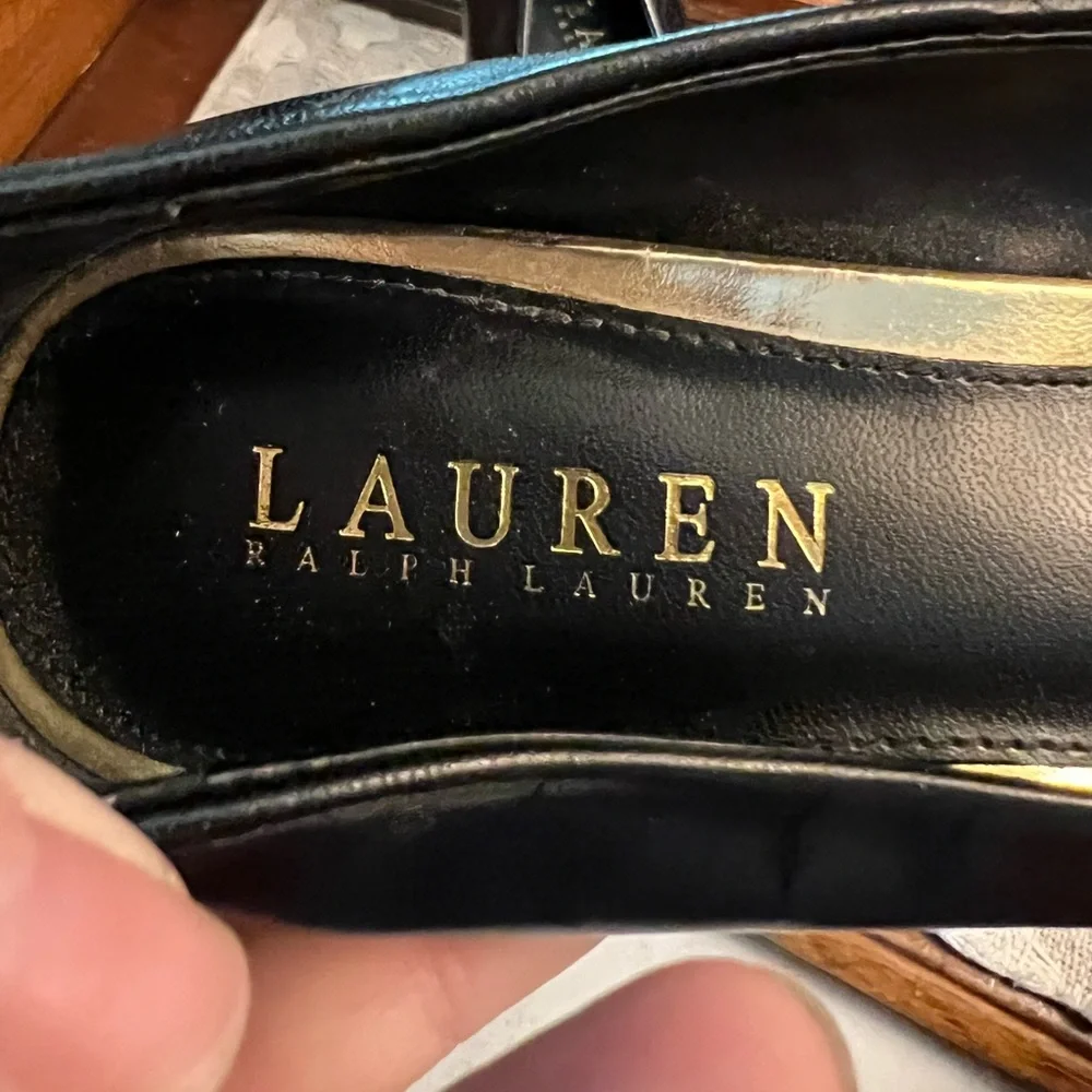 LAUREN RALPH LAUREN Classic Lauren Zamora Black‎ Leather Pups Heels Wms Sz 7.5B